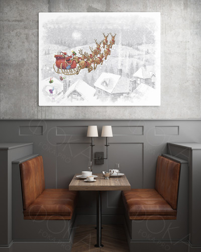 Постер 150х120см «Санта Клаус на оленьей упряжке» — фото