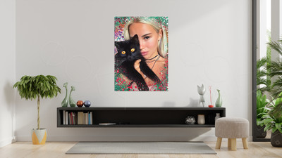 Фотокартина на холсте 50х70см «Девушка с чёрным котом» — фото